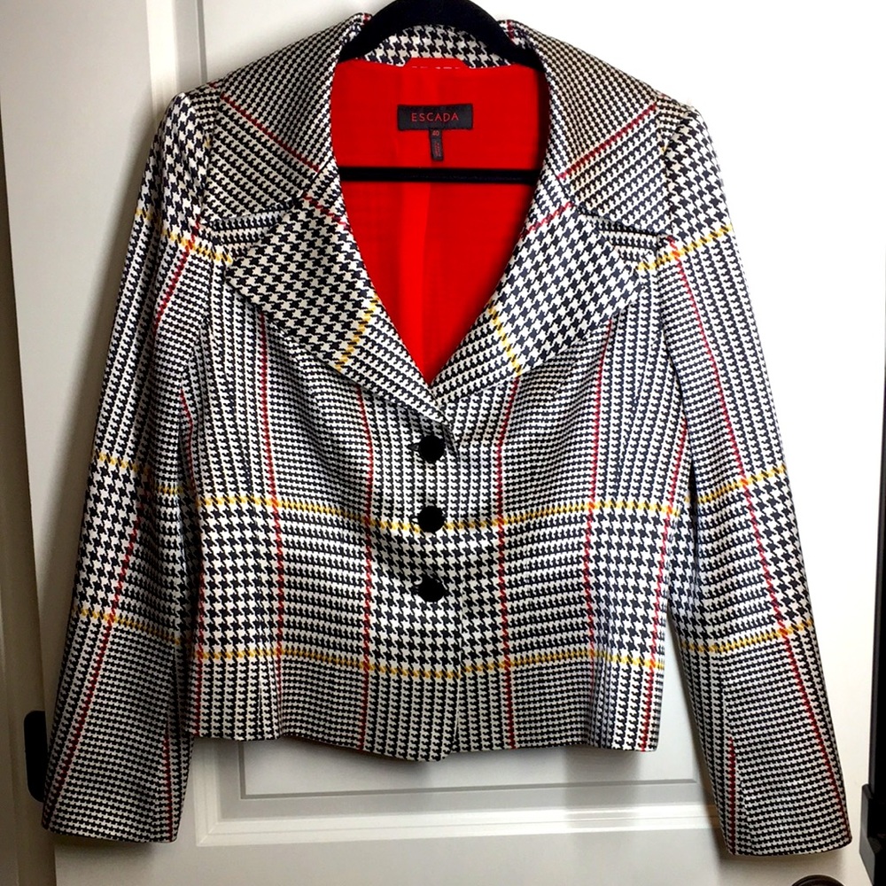 ❤️ Escada 40 Plaid Wool Silk Blazer Jacket Black Red Gold 10 Houndstooth - Picture 11 of 11